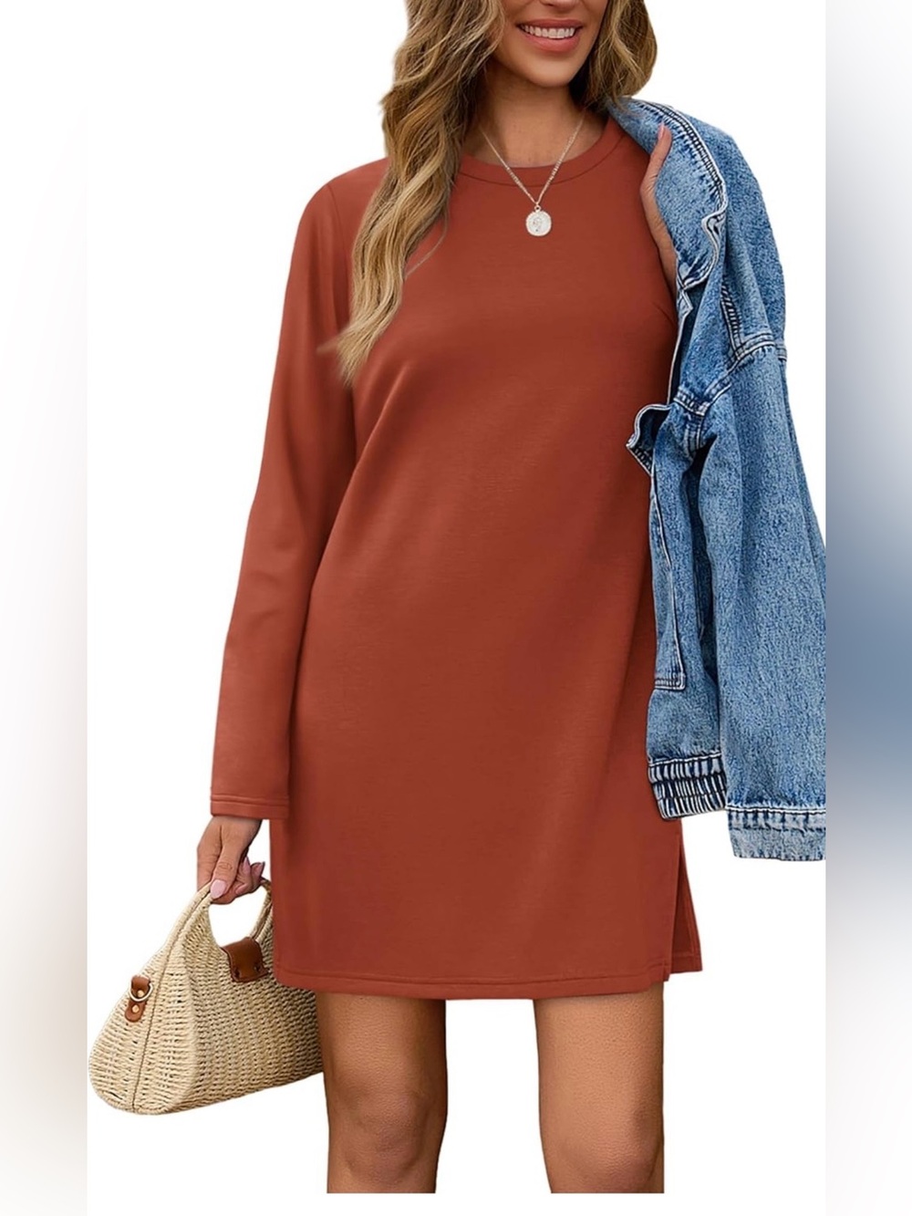 Sampeel Rust Long-Sleeve Crewneck Shift Dress
